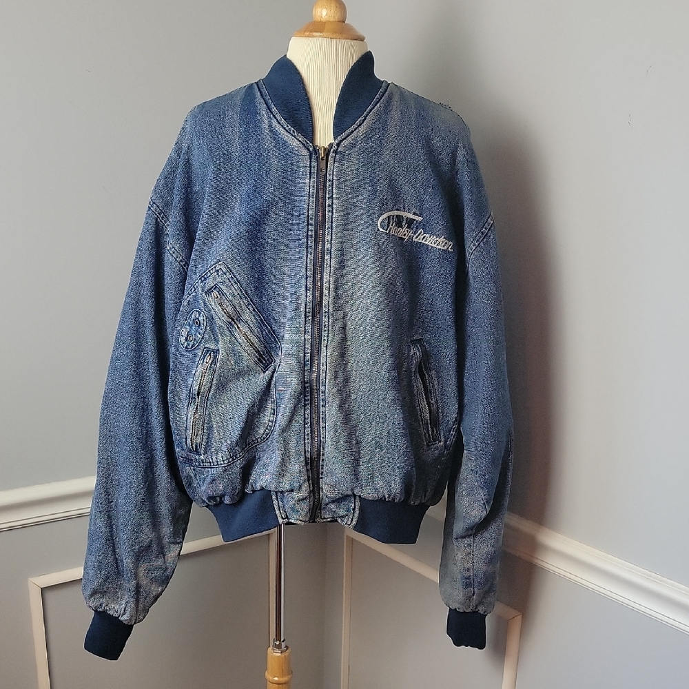 HARLEY DAVIDSON V-Twin Power Embroidered Denim VTG Zip Bomber Biker Jacket XL